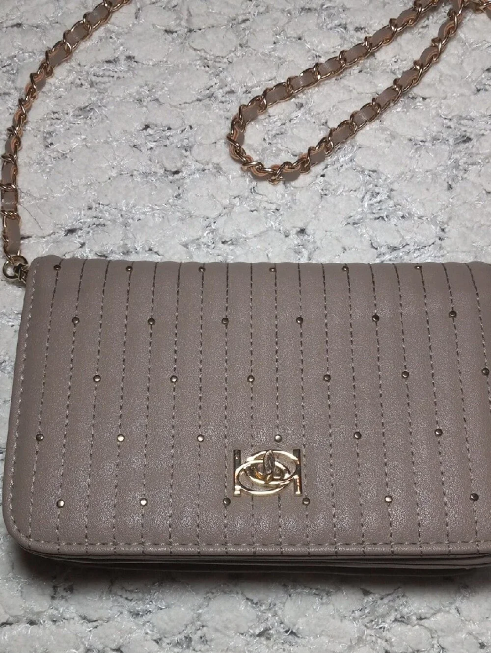 Bebe Quilted Taupe Crossbody with Gold Chain